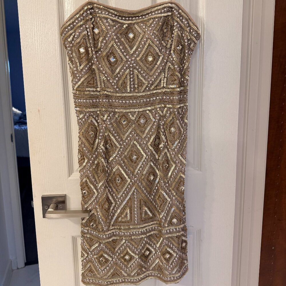 Adrienne Papell  Embellished Gold & Nude Beaded Cocktail Dress – Size 8